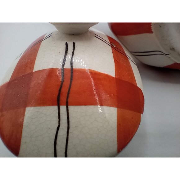 Red Plaid Teapot Vintage Takito Company Japan Hand Painted Crazed 9 Inch Serving - Picture 13 of 16